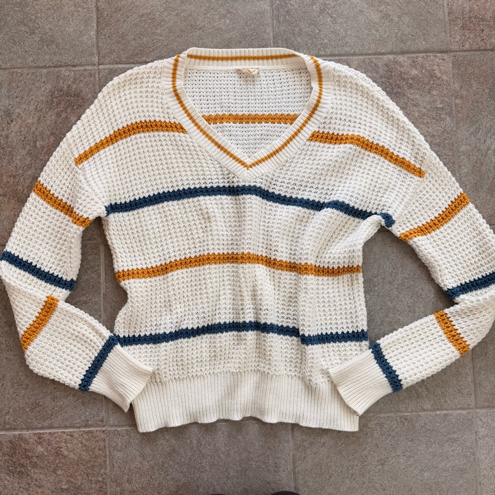 Hem & Thread V-Neck Striped Knit Sweater 100% Cotton Size Medium
